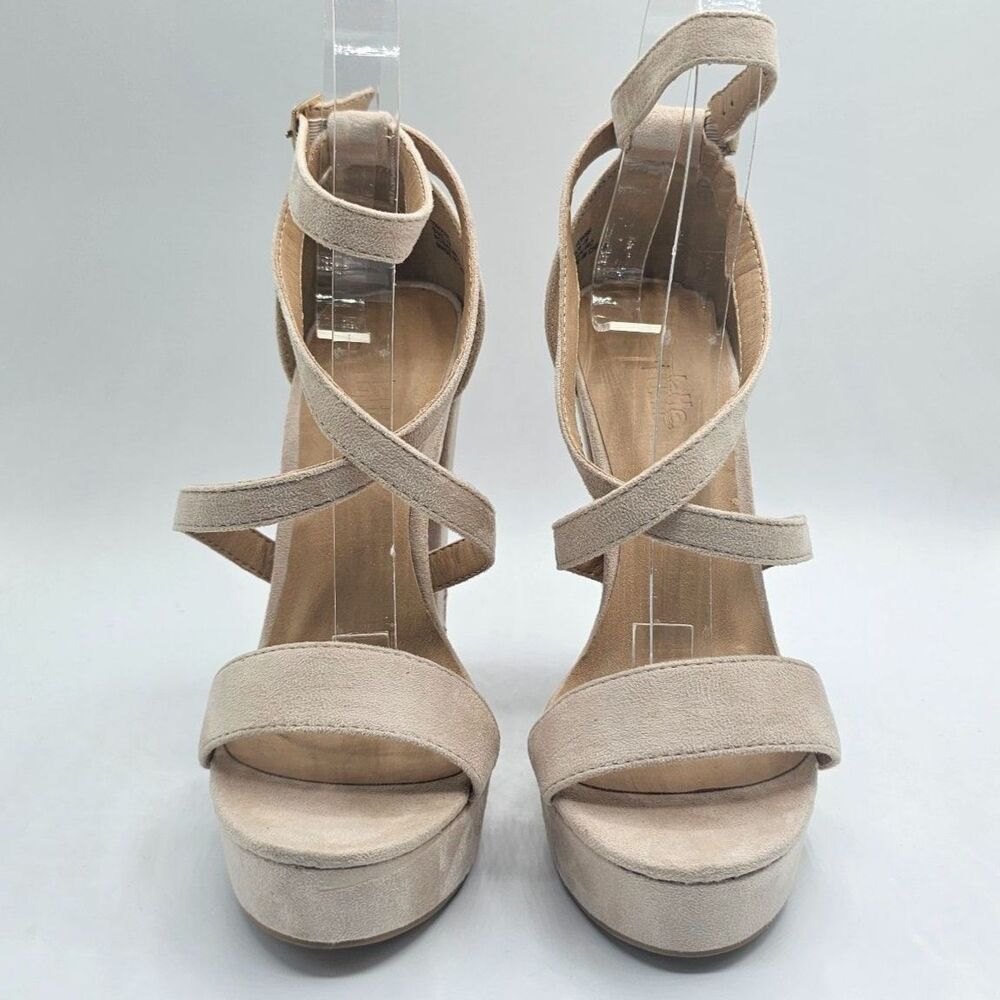 Charlotte Russe Rose Embroidered Platform Heels Tan Size 7 Strappy - Picture 3 of 11